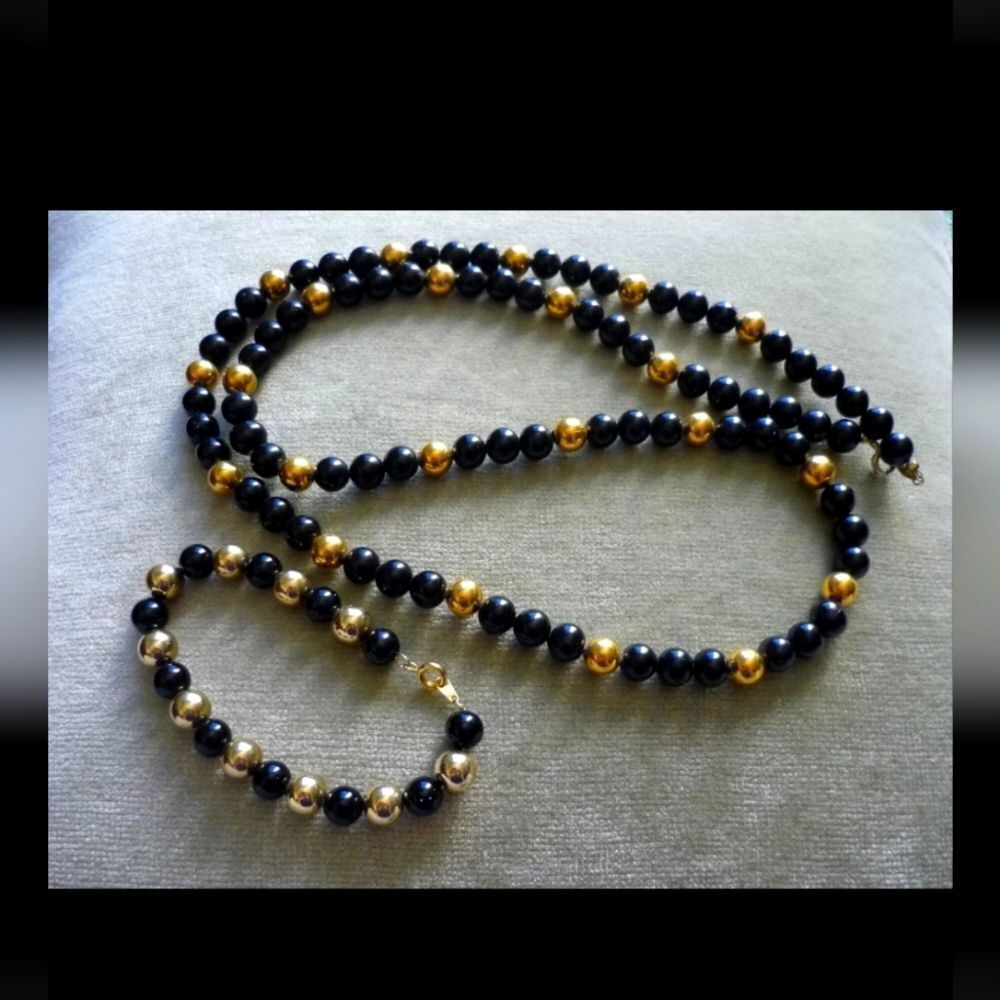 Napier Designer Signed Black & Gold Beaded Necklace Vtg